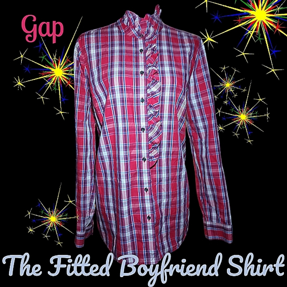 Gap Fitted Boyfriend Stand-up Ruffled Collar Button Down Long Sleeve Top